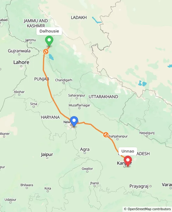 Route map showing distance and travel time from Dalhousie, India to Unnao, India