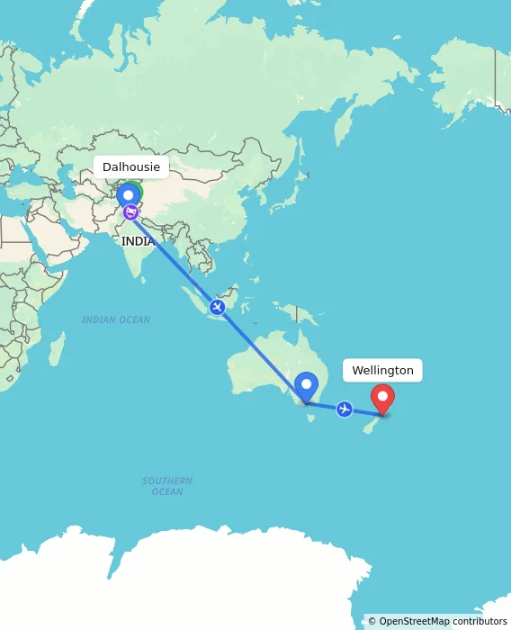 Route map showing distance and travel time from Dalhousie, India to Wellington, New Zealand