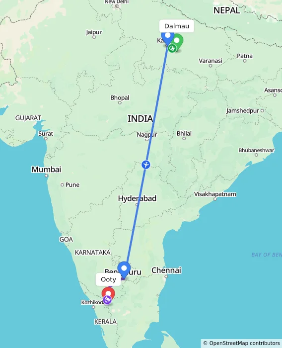 Route map showing distance and travel time from Dalmau, India to Ooty, India