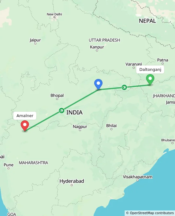 Route map showing distance and travel time from Daltonganj, India to Amalner, India