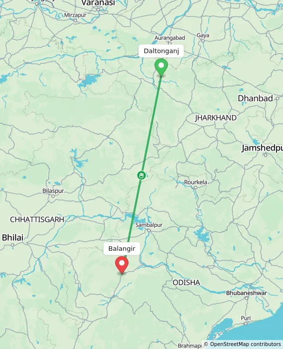 Route map showing distance and travel time from Daltonganj, India to Balangir, India