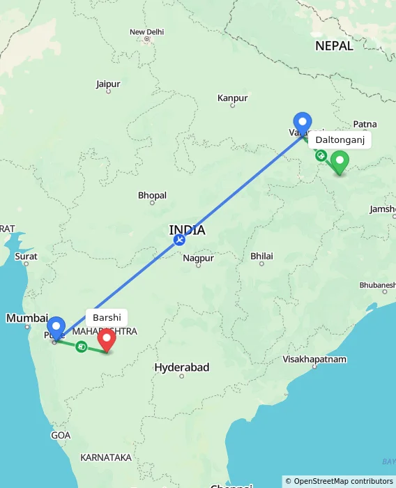 Route map showing distance and travel time from Daltonganj, India to Barshi, India