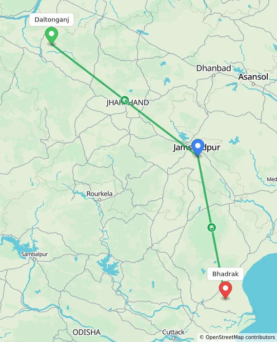 Route map showing distance and travel time from Daltonganj, India to Bhadrak, India