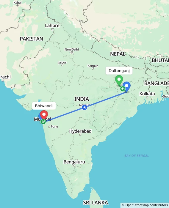 Route map showing distance and travel time from Daltonganj, India to Bhiwandi, India