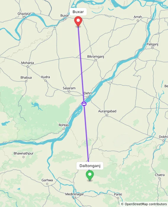 Route map showing distance and travel time from Daltonganj, India to Buxar, India
