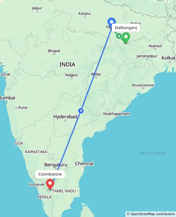 Route map showing distance and travel time from Daltonganj, India to Coimbatore, India