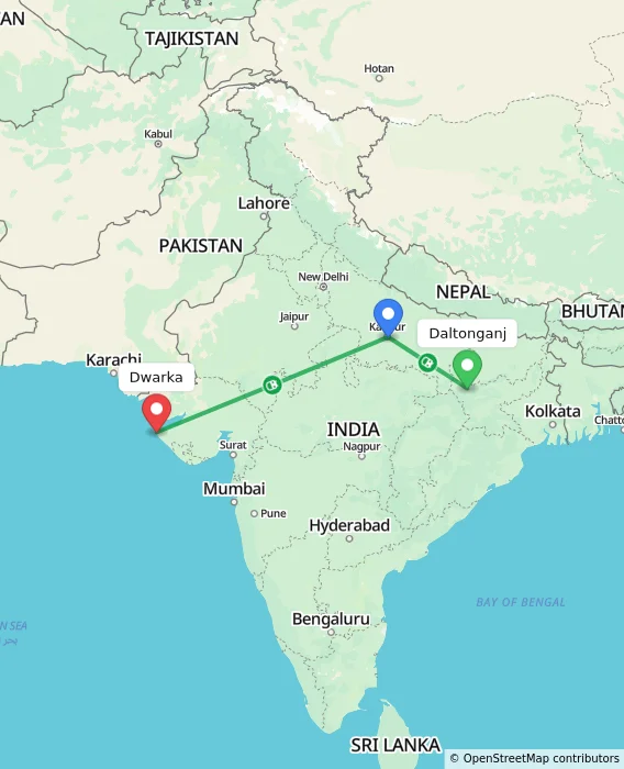 Route map showing distance and travel time from Daltonganj, India to Dwarka, India