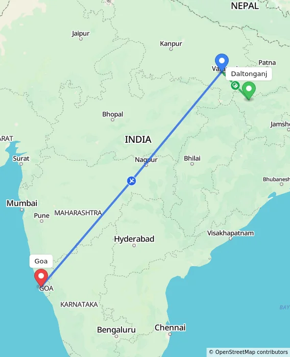 Route map showing distance and travel time from Daltonganj, India to Goa, India