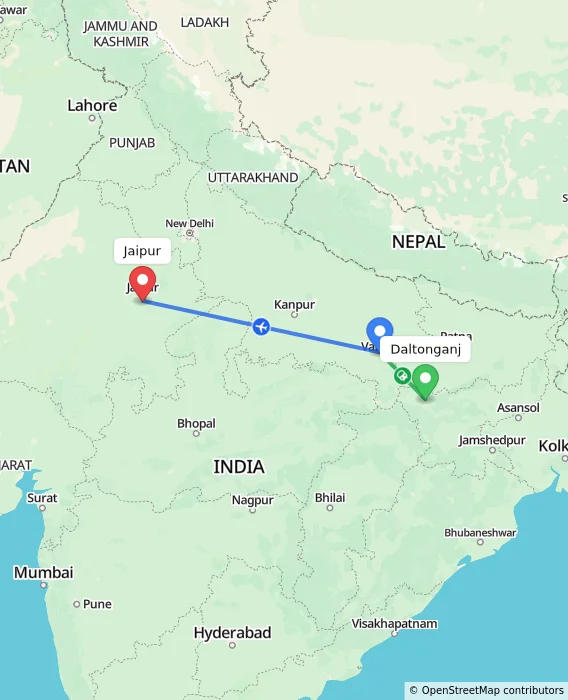 Route map showing distance and travel time from Daltonganj, India to Jaipur, India
