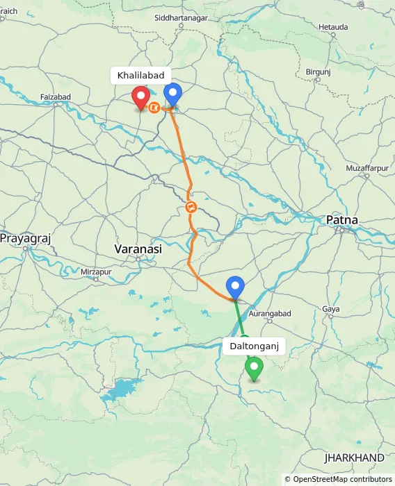 Route map showing distance and travel time from Daltonganj, India to Khalilabad, India