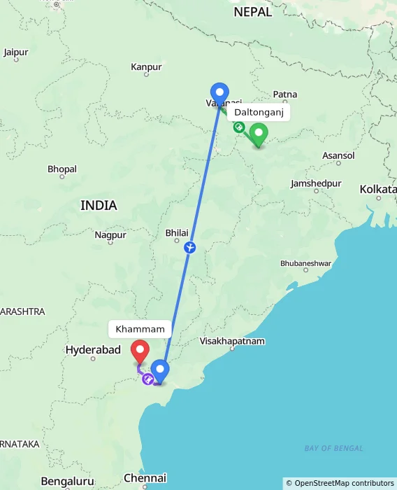 Route map showing distance and travel time from Daltonganj, India to Khammam, India
