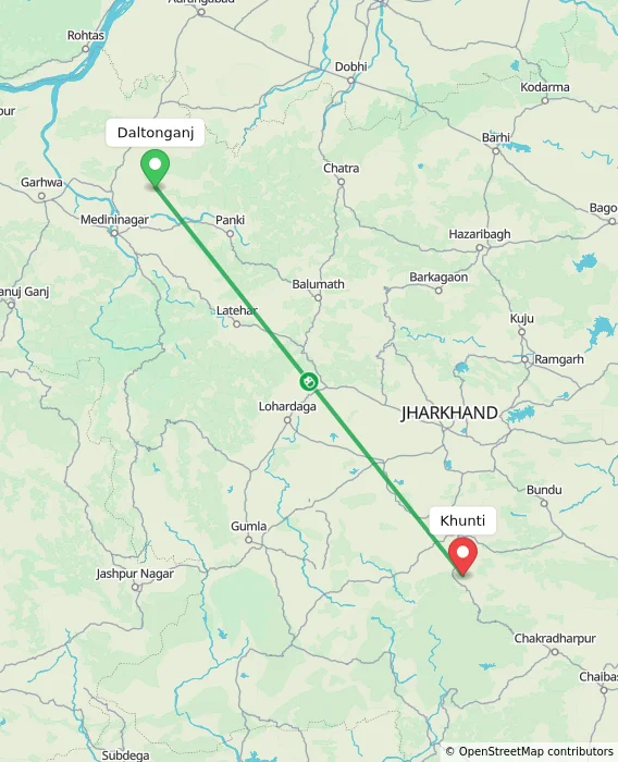 Route map showing distance and travel time from Daltonganj, India to Khunti, India