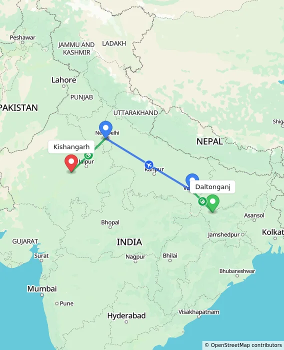 Route map showing distance and travel time from Daltonganj, India to Kishangarh, India