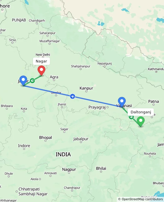 Route map showing distance and travel time from Daltonganj, India to Nagar, India