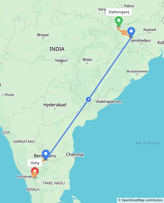 Route map showing distance and travel time from Daltonganj, India to Ooty, India