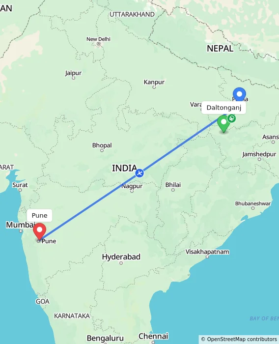 Route map showing distance and travel time from Daltonganj, India to Pune, India