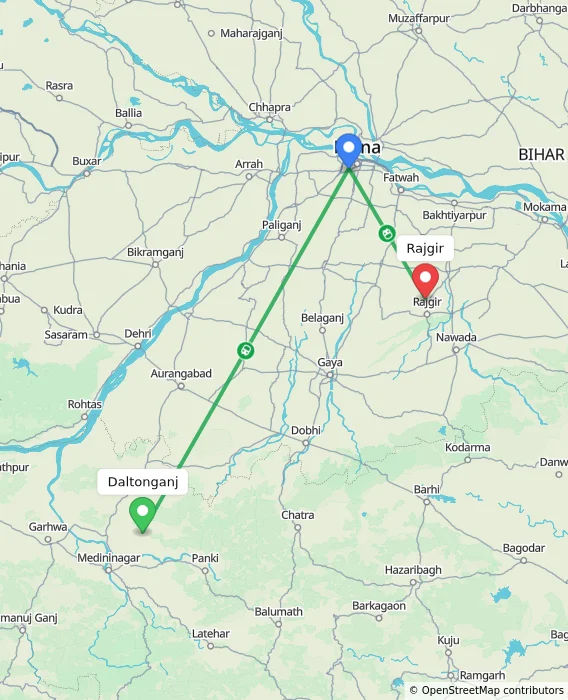 Route map showing distance and travel time from Daltonganj, India to Rajgir, India