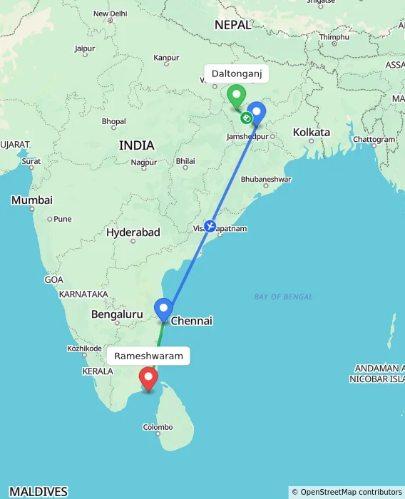 Route map showing distance and travel time from Daltonganj, India to Rameshwaram, India