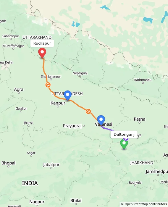 Route map showing distance and travel time from Daltonganj, India to Rudrapur, India