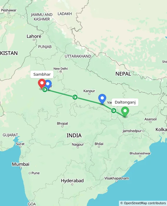 Route map showing distance and travel time from Daltonganj, India to Sambhar, India