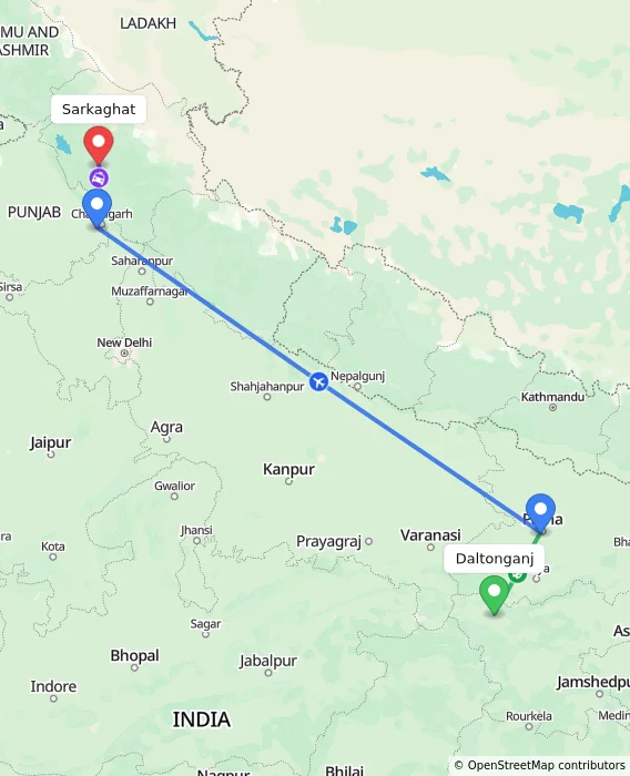 Route map showing distance and travel time from Daltonganj, India to Sarkaghat, India