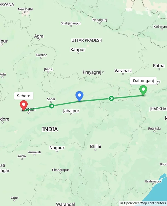 Route map showing distance and travel time from Daltonganj, India to Sehore, India