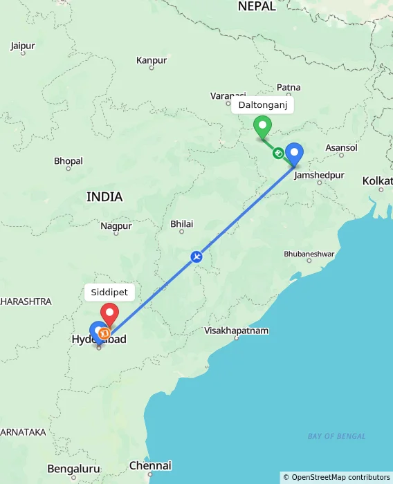 Route map showing distance and travel time from Daltonganj, India to Siddipet, India