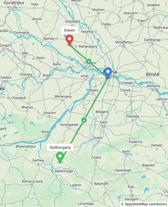 Route map showing distance and travel time from Daltonganj, India to Siwan, India