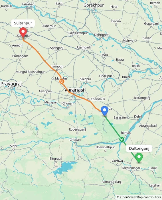 Route map showing distance and travel time from Daltonganj, India to Sultanpur, India