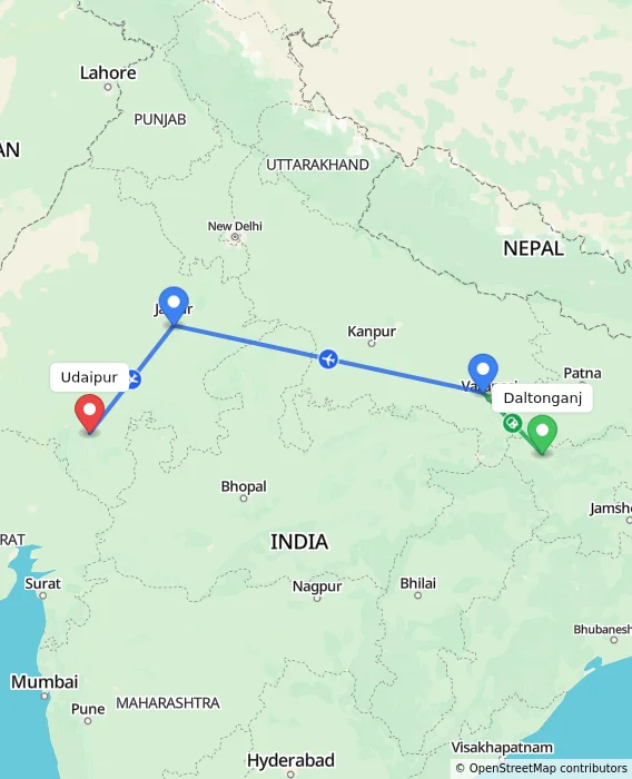 Route map showing distance and travel time from Daltonganj, India to Udaipur, India