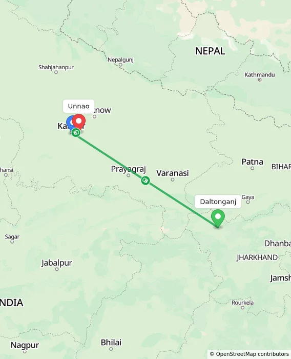 Route map showing distance and travel time from Daltonganj, India to Unnao, India