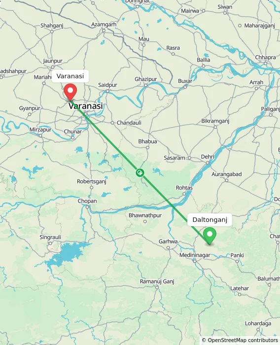 Route map showing distance and travel time from Daltonganj, India to Varanasi, India