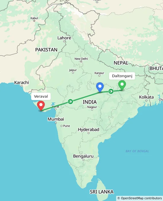Route map showing distance and travel time from Daltonganj, India to Veraval, India