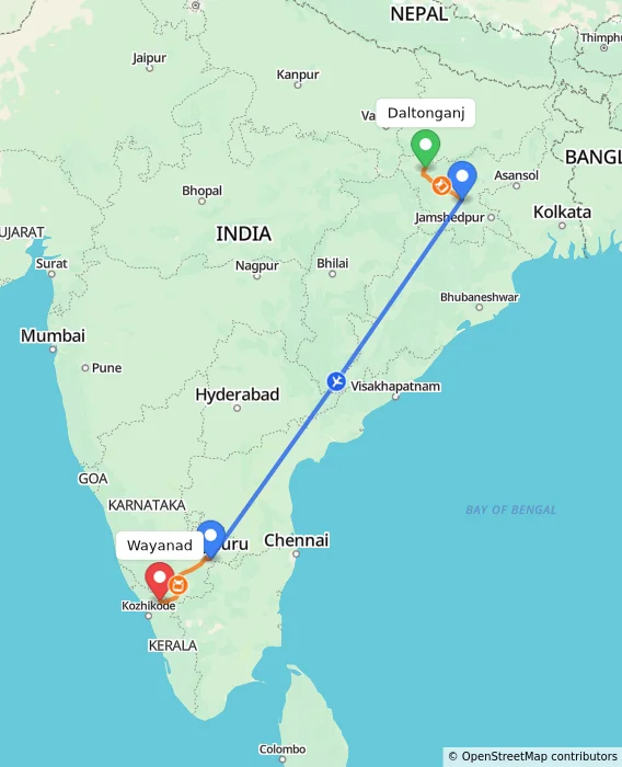 Route map showing distance and travel time from Daltonganj, India to Wayanad, India