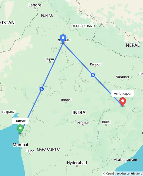 Route map showing distance and travel time from Daman, India to Ambikapur, India
