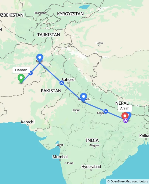 Route map showing distance and travel time from Daman, Afghanistan to Arrah, India