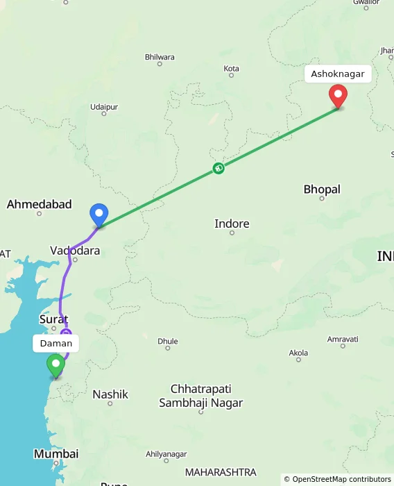 Route map showing distance and travel time from Daman, India to Ashoknagar, India