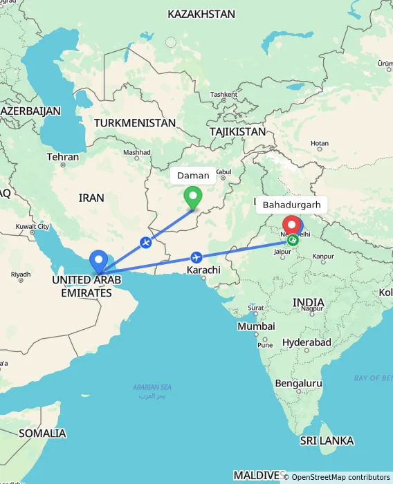 Route map showing distance and travel time from Daman, Afghanistan to Bahadurgarh, India