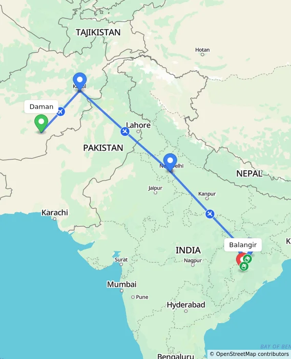 Route map showing distance and travel time from Daman, Afghanistan to Balangir, India