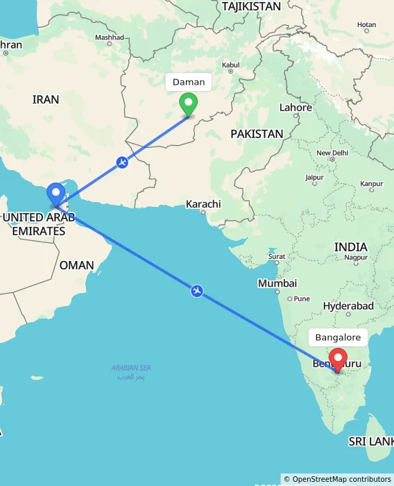 Route map showing distance and travel time from Daman, Afghanistan to Bangalore, India