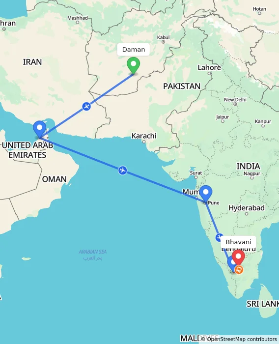 Route map showing distance and travel time from Daman, Afghanistan to Bhavani, India