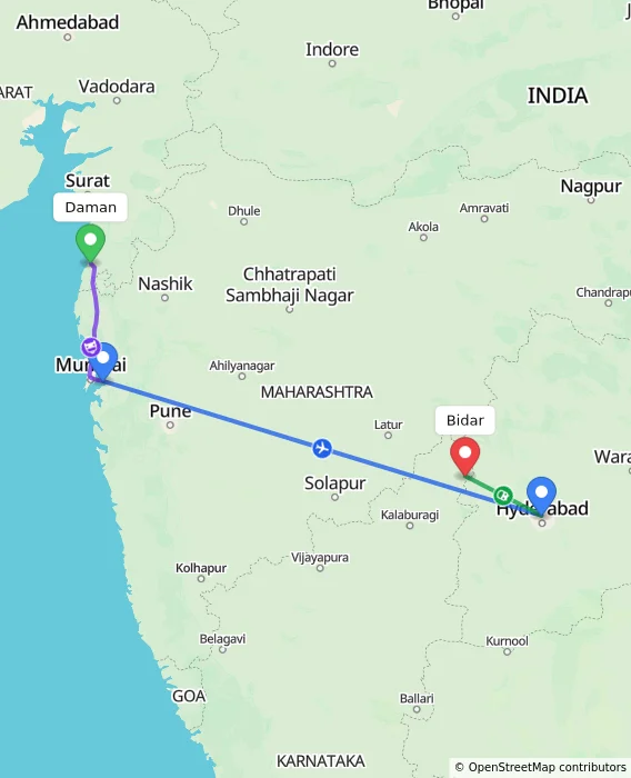 Route map showing distance and travel time from Daman, India to Bidar, India