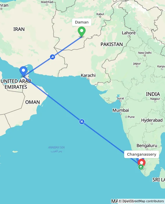 Route map showing distance and travel time from Daman, Afghanistan to Changanassery, India