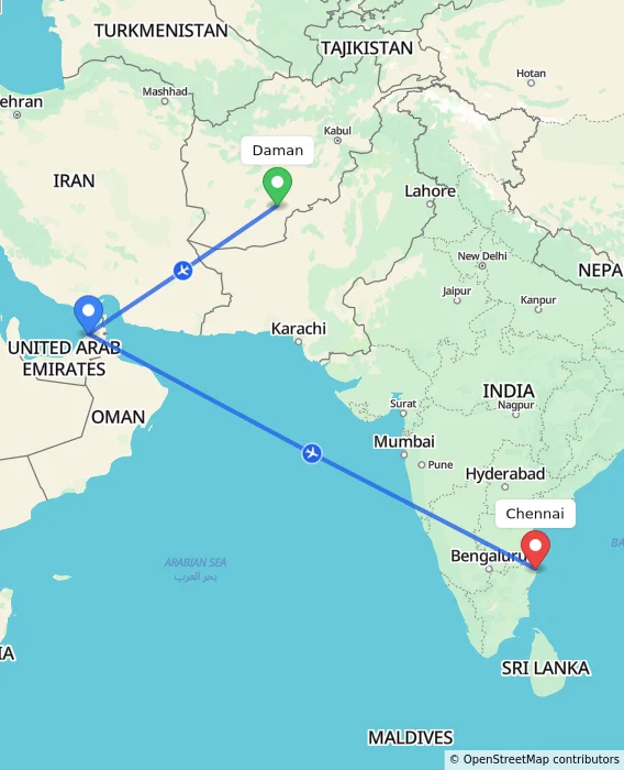 Route map showing distance and travel time from Daman, Afghanistan to Chennai, India