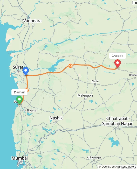 Route map showing distance and travel time from Daman, India to Chopda, India