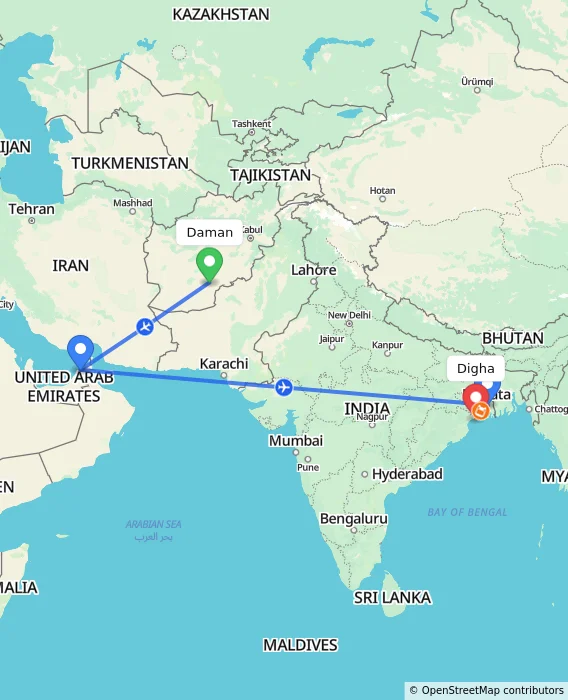 Route map showing distance and travel time from Daman, Afghanistan to Digha, India