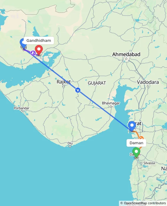 Route map showing distance and travel time from Daman, India to Gandhidham, India