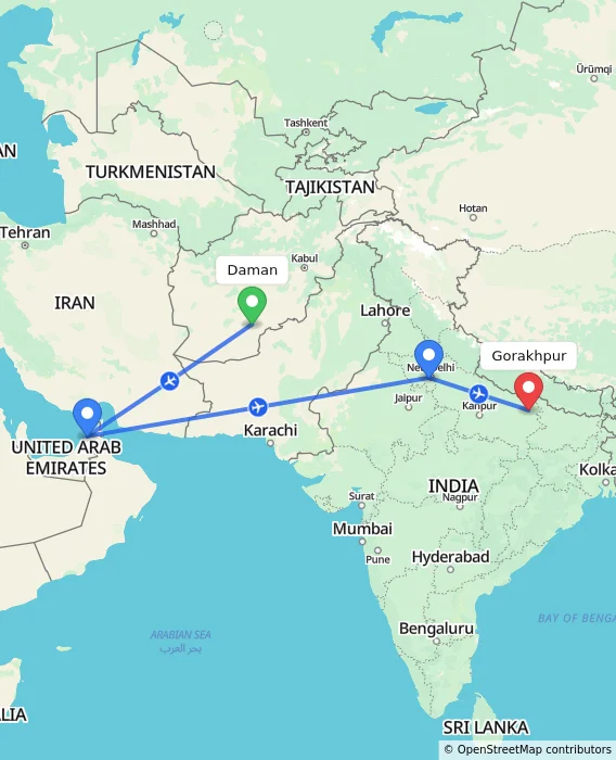 Route map showing distance and travel time from Daman, Afghanistan to Gorakhpur, India