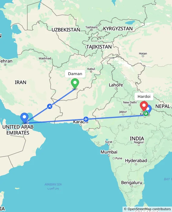 Route map showing distance and travel time from Daman, Afghanistan to Hardoi, India