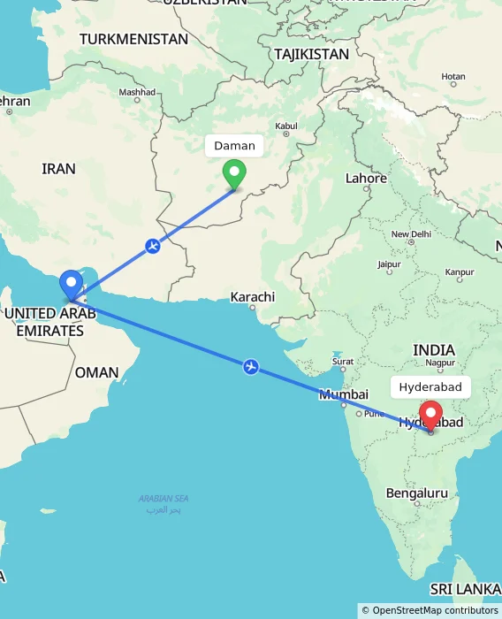 Route map showing distance and travel time from Daman, Afghanistan to Hyderabad, India